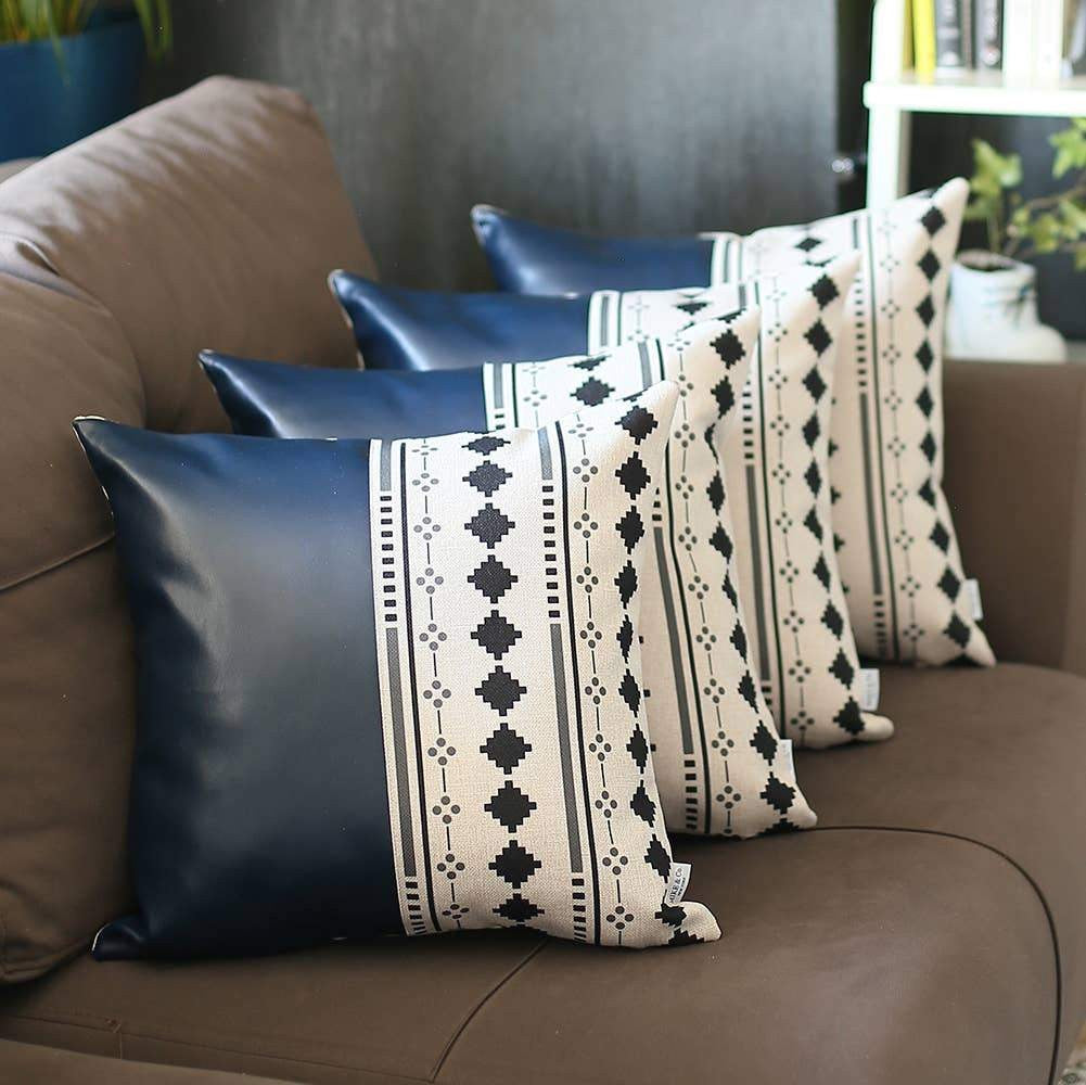 Set of Four 17" Navy Blue Diamond Fabric and Faux Leather Throw Pillows-3