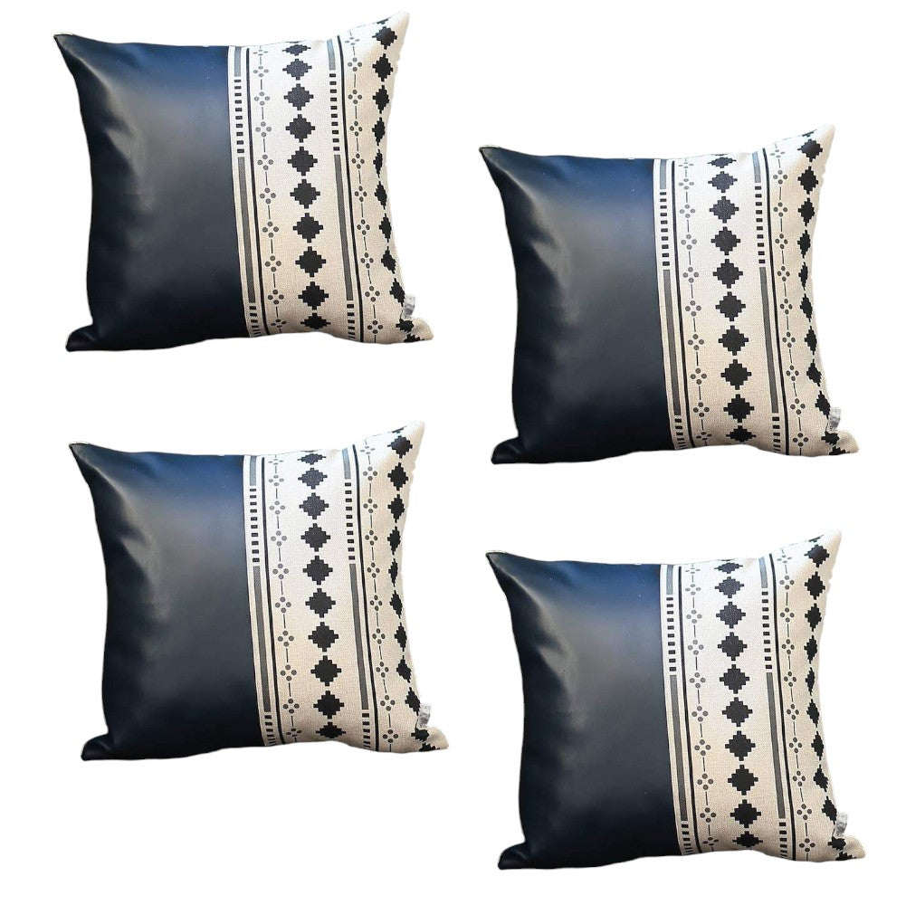 Set of Four 17" Navy Blue Diamond Fabric and Faux Leather Throw Pillows-1