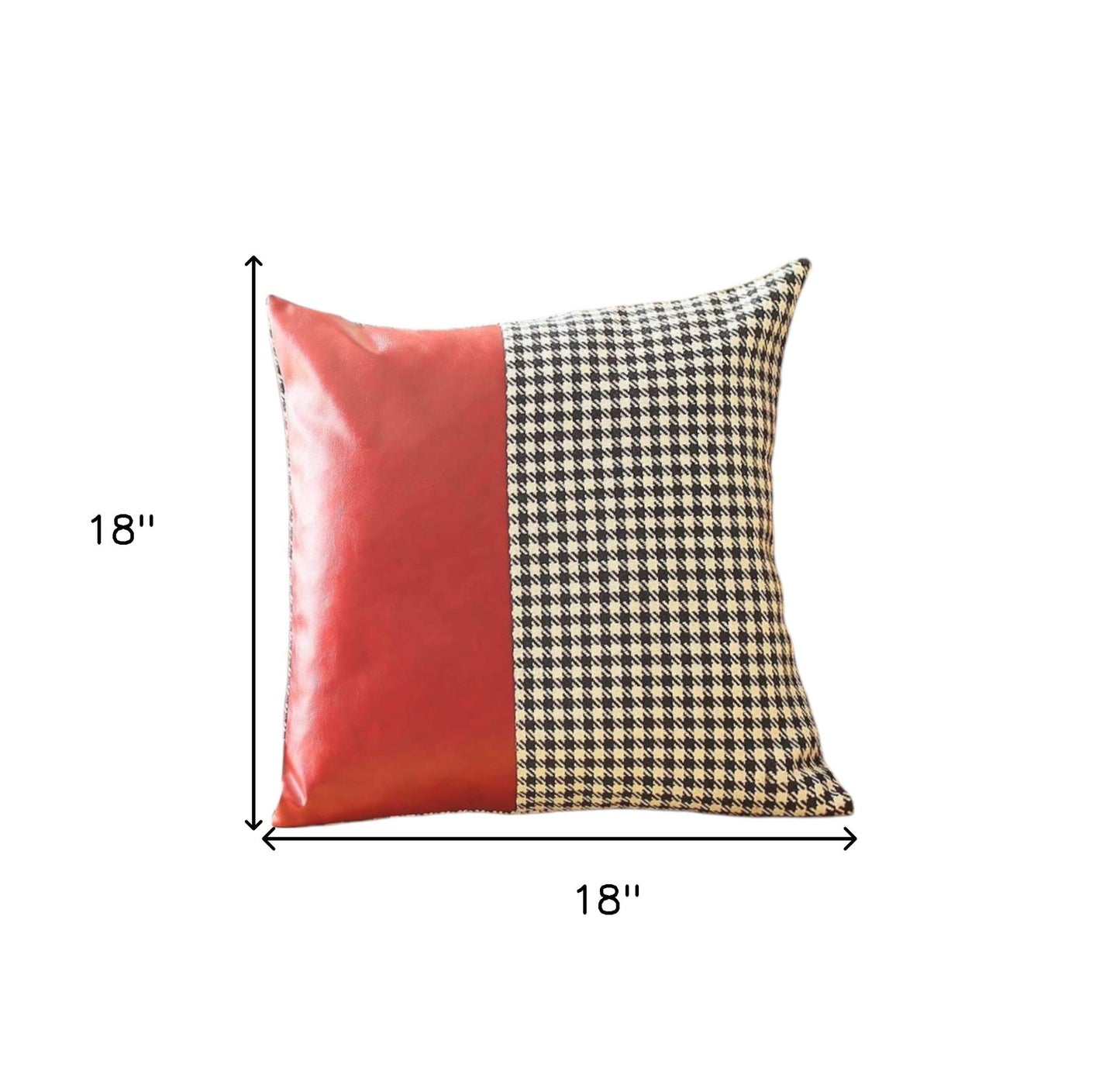 Set of Two 18" Red Black and White Houndstooth Fabric and Faux Leather Throw Pillows-3