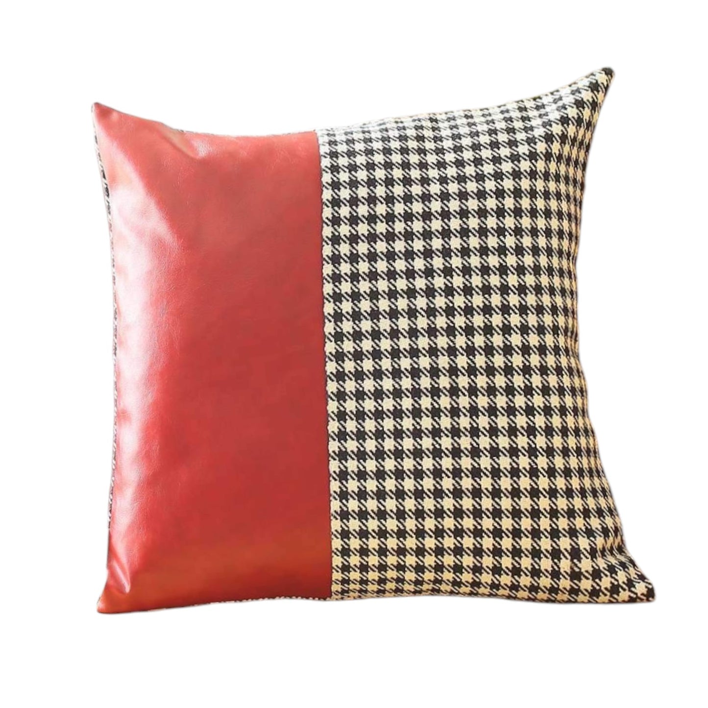 Set of Two 18" Red Black and White Houndstooth Fabric and Faux Leather Throw Pillows-1