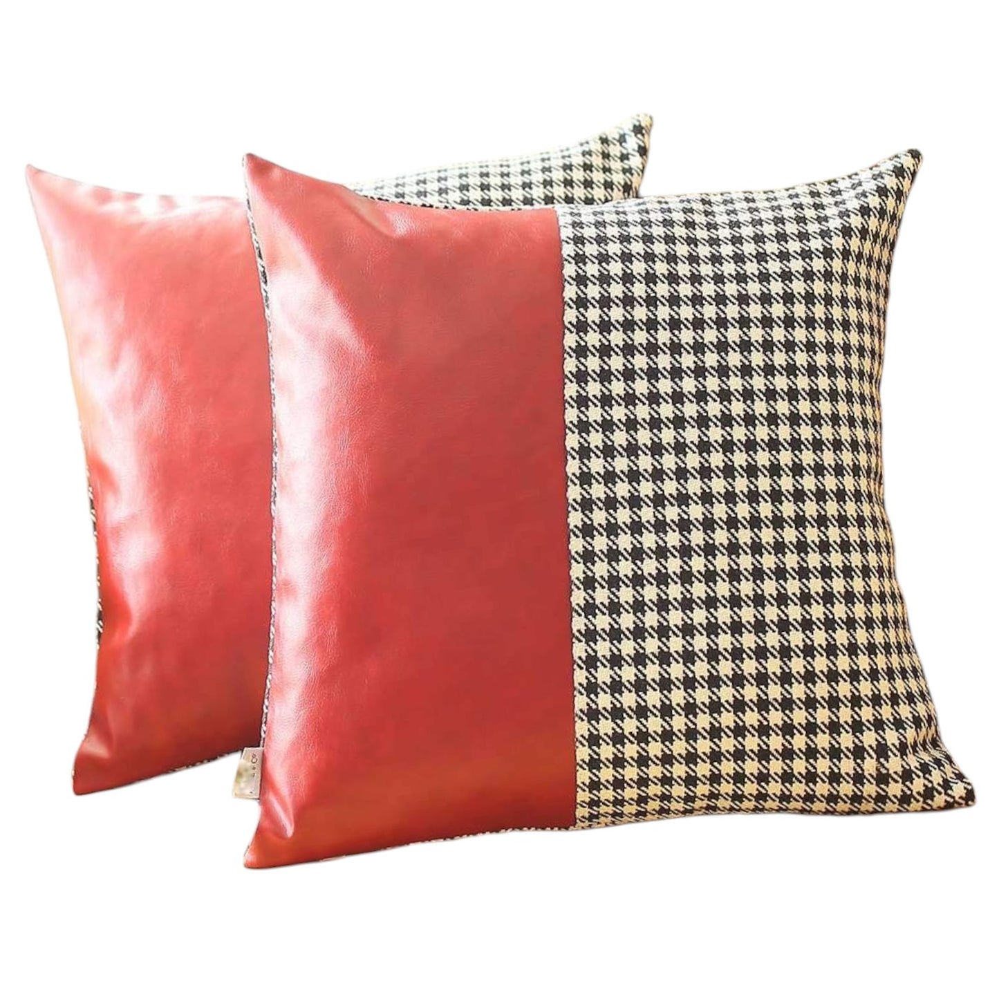 Set of Two 18" Red Black and White Houndstooth Fabric and Faux Leather Throw Pillows-2