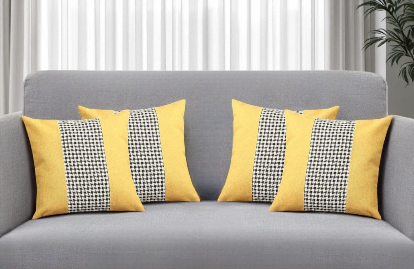 Set of Four 18" Yellow Black and White Houndstooth Fabric Throw Pillows-0