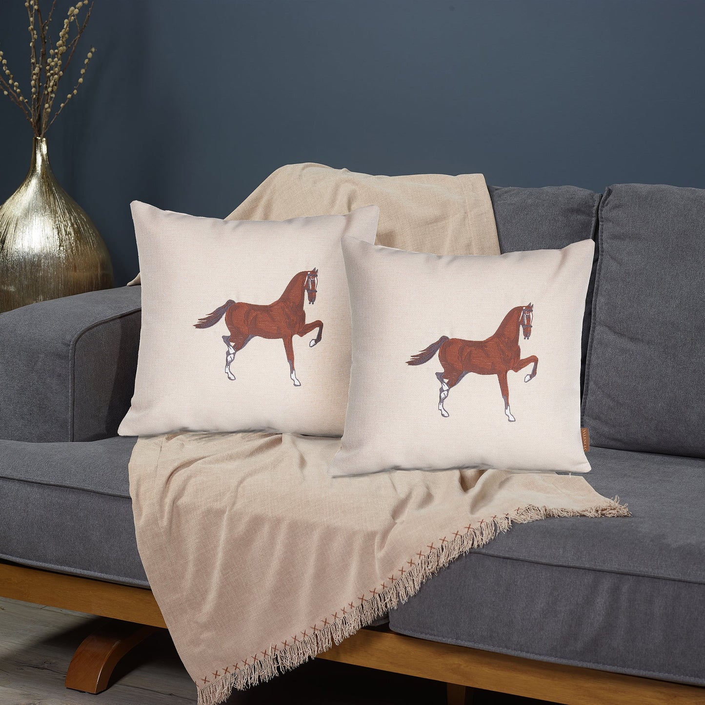 Set of Two 18" Beige and Brown Horse Fabric Throw Pillows with Embroidery-5