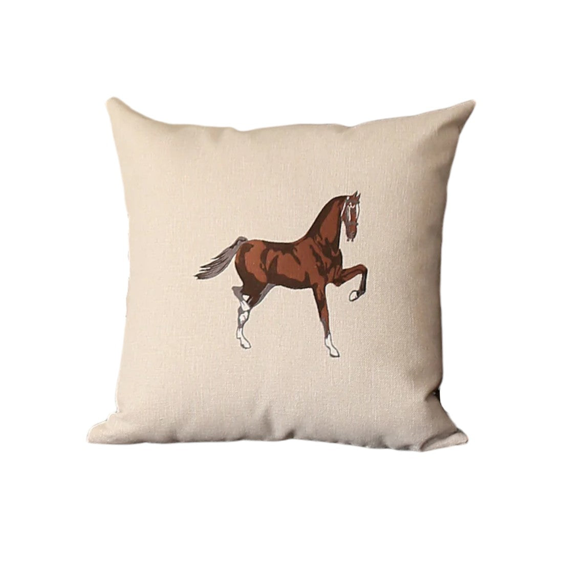 Set of Two 18" Beige and Brown Horse Fabric Throw Pillows with Embroidery-1