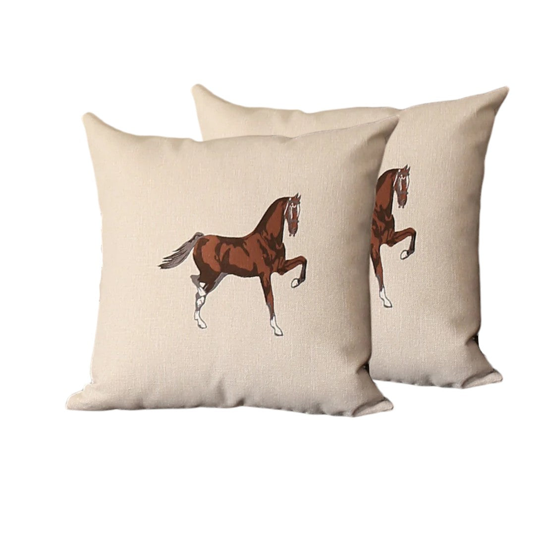 Set of Two 18" Beige and Brown Horse Fabric Throw Pillows with Embroidery-2