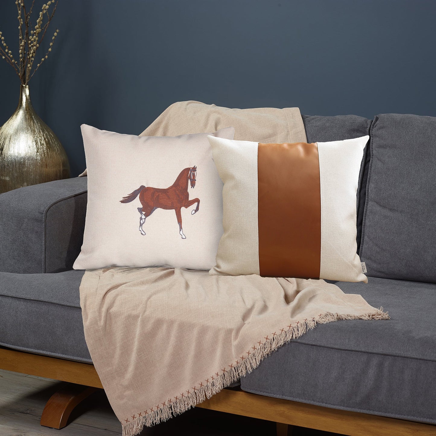 Set of Two Beige and Brown Horse Color Block Fabric and Faux Leather Throw Pillows with Embroidery-3