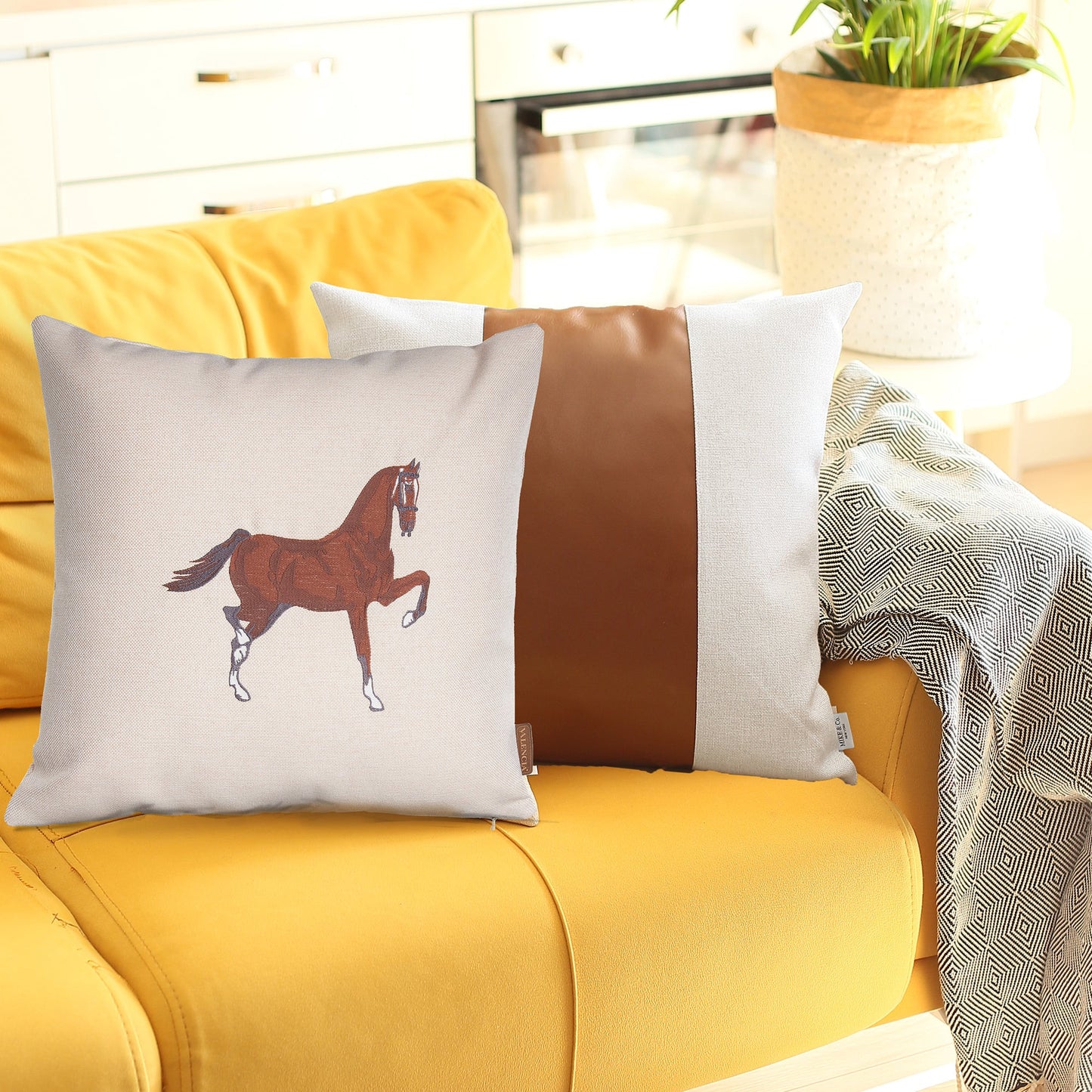 Set of Two Beige and Brown Horse Color Block Fabric and Faux Leather Throw Pillows with Embroidery-4