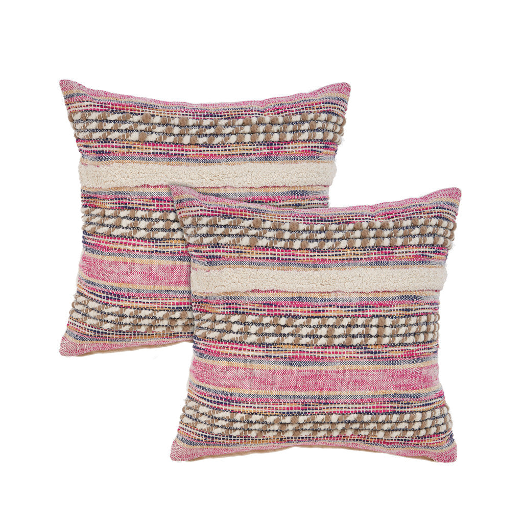 Set of Two Pink Striped Cotton Throw Pillows With Fringe-1