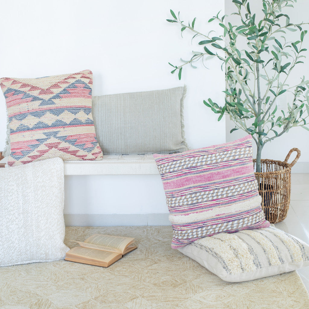 Set of Two Pink Striped Cotton Throw Pillows With Fringe-7