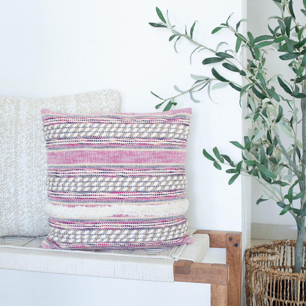 Set of Two Pink Striped Cotton Throw Pillows With Fringe-5