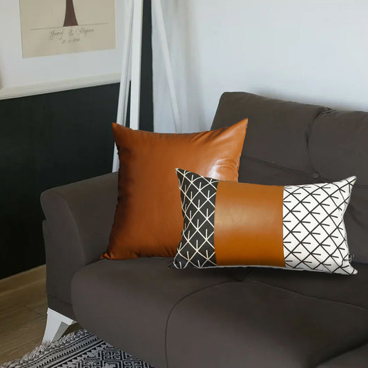 Set of 2 Rustic Brown Geometric Throw Pillows-0
