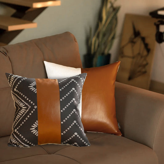 Set of 2 Black and  Brown Faux Leather Throw Pillows-0