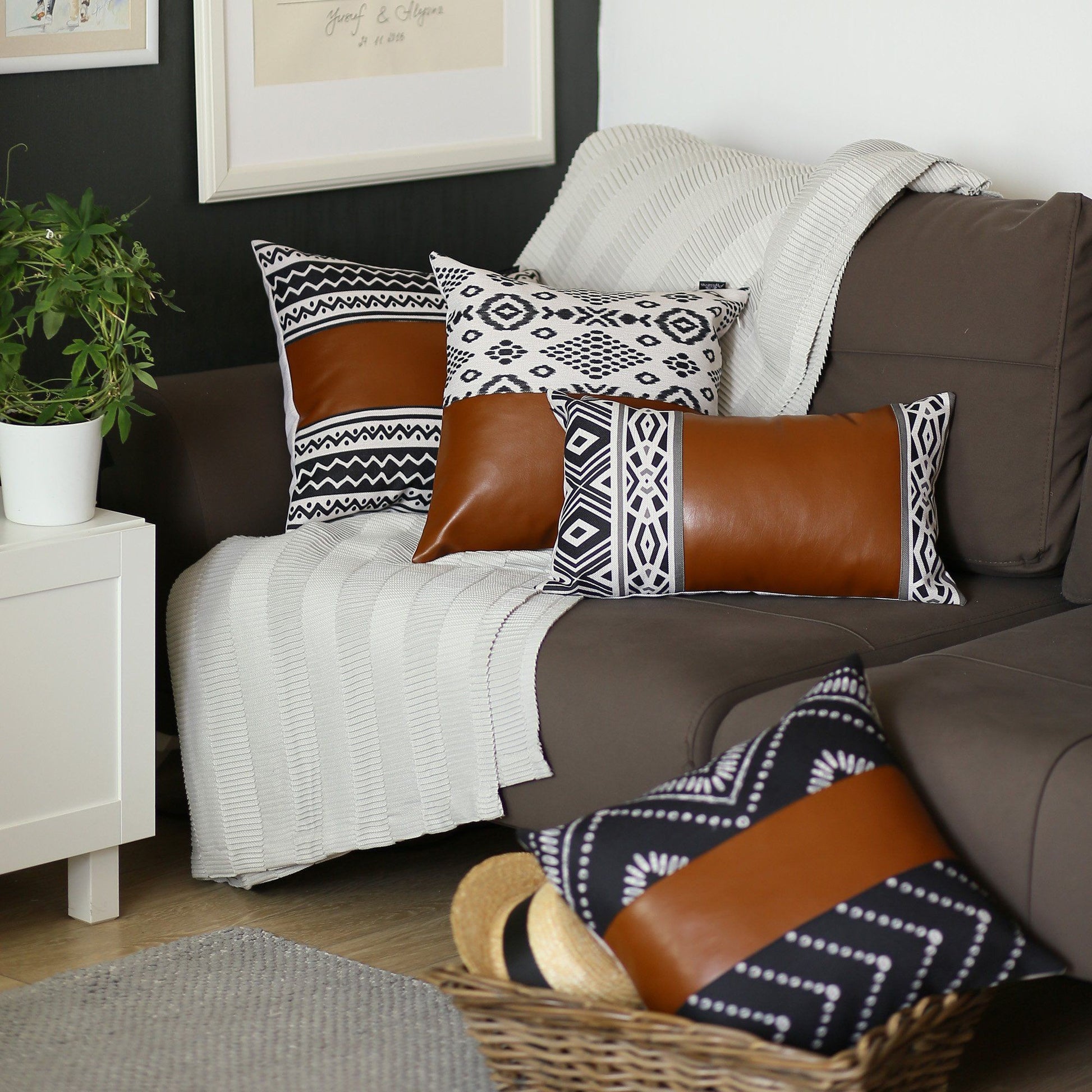 Set of 2 Black and  Brown Faux Leather Throw Pillows-2