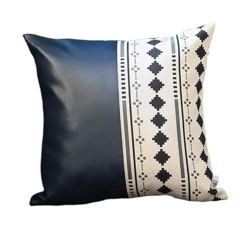 Set of Four 17" Navy Blue Diamond Fabric and Faux Leather Throw Pillows-2