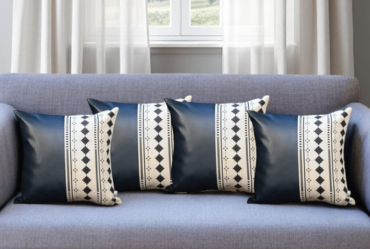 Set of Four 17" Navy Blue Diamond Fabric and Faux Leather Throw Pillows-0