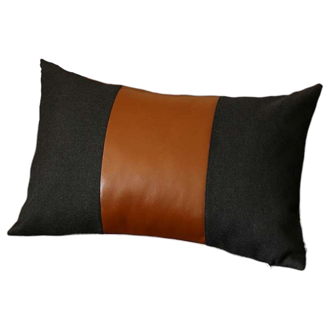 Set of Two 12" X 20" Black and Brown Color Block Fabric and Faux Leather Lumbar Throw Pillows-1