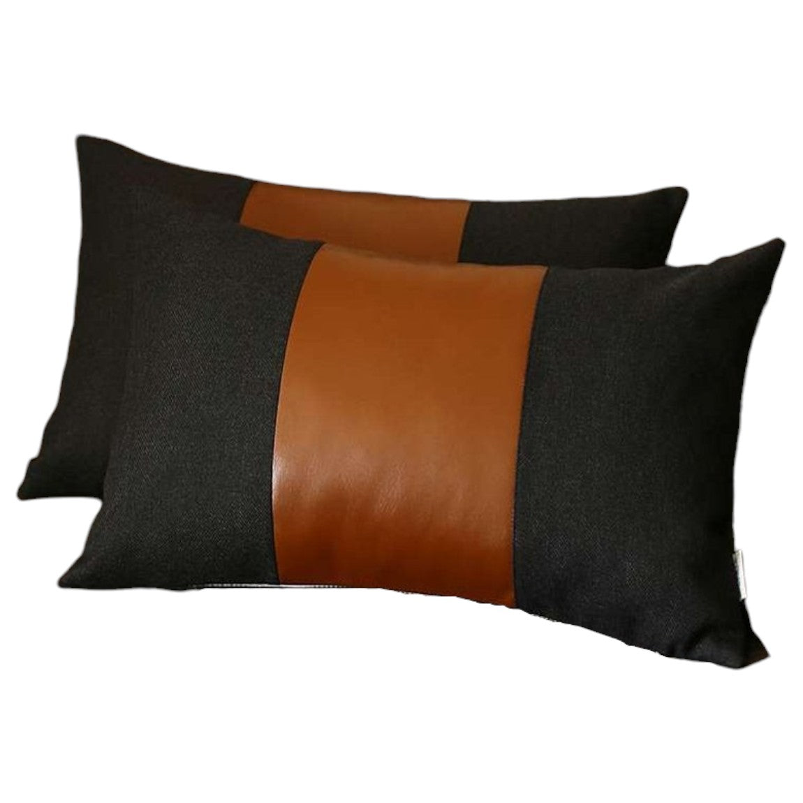 Set of Two 12" X 20" Black and Brown Color Block Fabric and Faux Leather Lumbar Throw Pillows-2