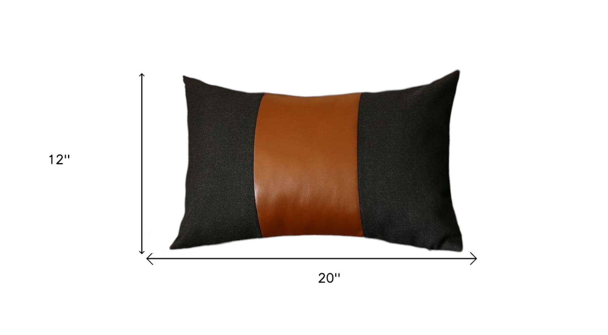 Set of Two 12" X 20" Black and Brown Color Block Fabric and Faux Leather Lumbar Throw Pillows-3