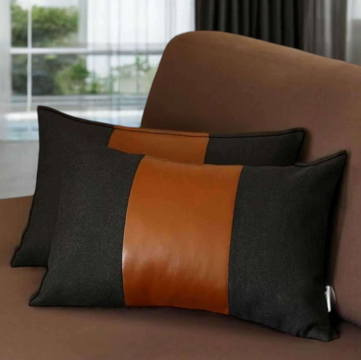 Set of Two 12" X 20" Black and Brown Color Block Fabric and Faux Leather Lumbar Throw Pillows-0