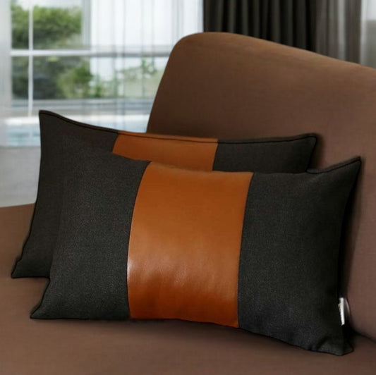 Set of Two 12" X 20" Black and Brown Color Block Fabric and Faux Leather Lumbar Throw Pillows-0