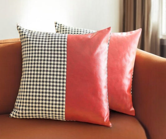 Set of Two 18" Red Black and White Houndstooth Fabric and Faux Leather Throw Pillows-0