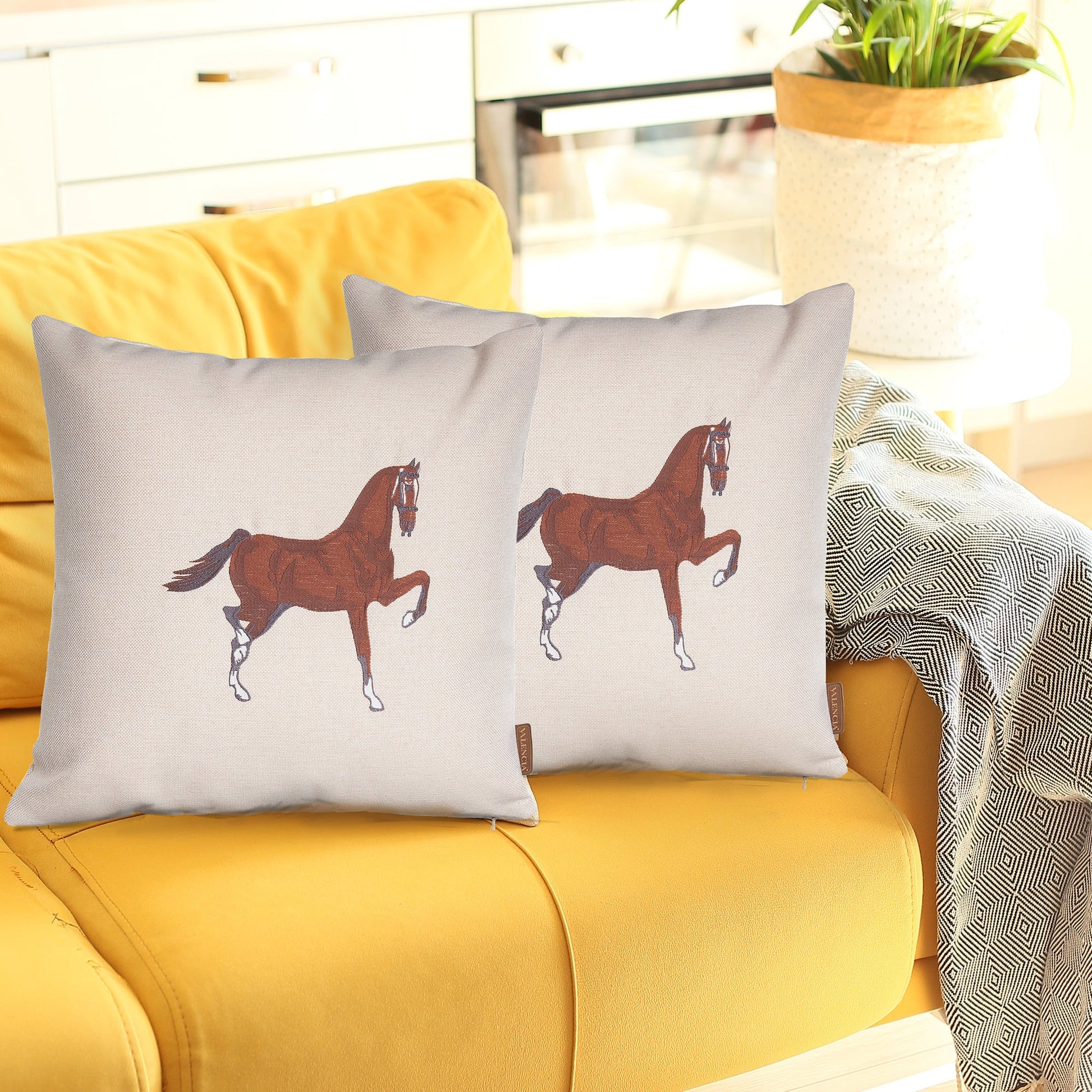 Set of Two 18" Beige and Brown Horse Fabric Throw Pillows with Embroidery-4