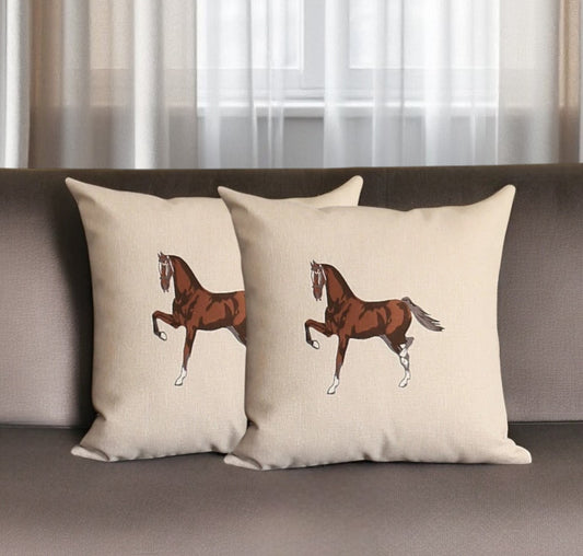 Set of Two 18" Beige and Brown Horse Fabric Throw Pillows with Embroidery-0
