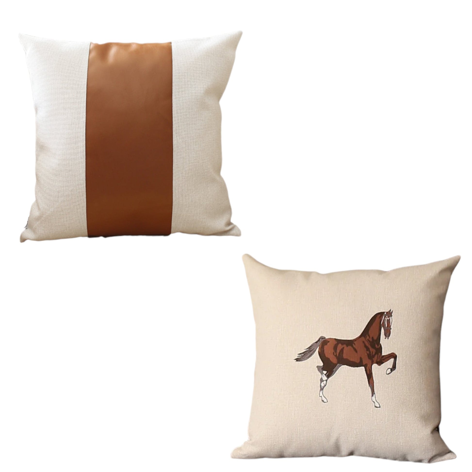 Set of Two Beige and Brown Horse Color Block Fabric and Faux Leather Throw Pillows with Embroidery-2