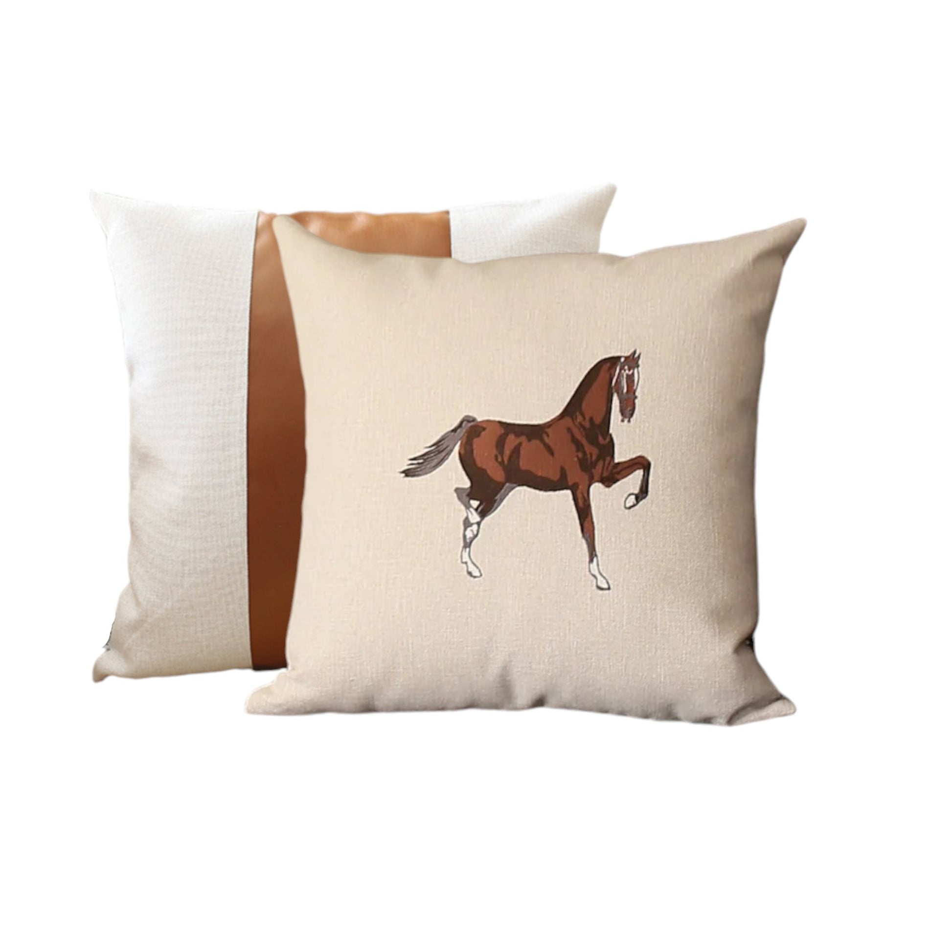 Set of Two Beige and Brown Horse Color Block Fabric and Faux Leather Throw Pillows with Embroidery-1