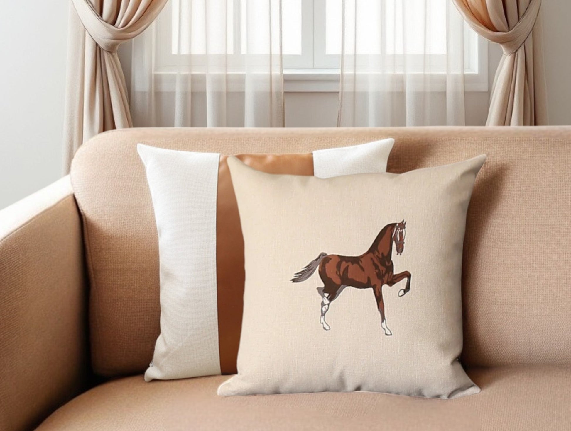 Set of Two Beige and Brown Horse Color Block Fabric and Faux Leather Throw Pillows with Embroidery-0