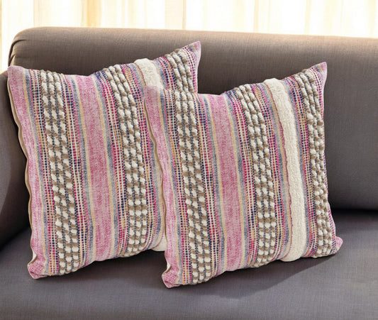 Set of Two Pink Striped Cotton Throw Pillows With Fringe-0