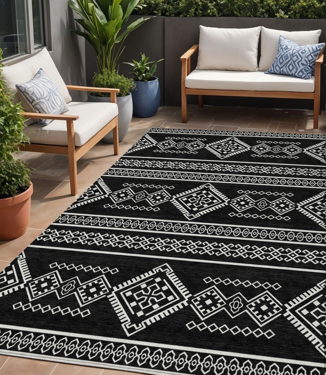 5' X 8' Black And Ivory Southwestern Washable Indoor Outdoor Area Rug-0