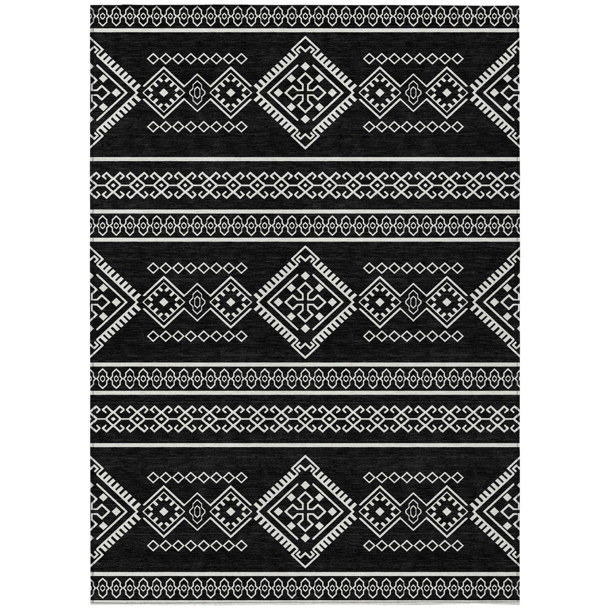 5' X 8' Black And Ivory Southwestern Washable Indoor Outdoor Area Rug-1