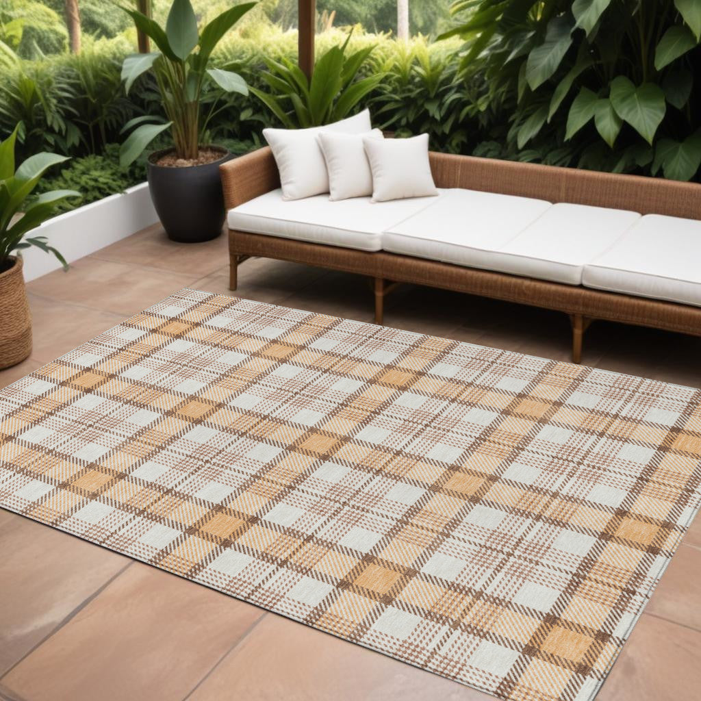 10' X 14' Peach And Beige Plaid Washable Indoor Outdoor Area Rug-0