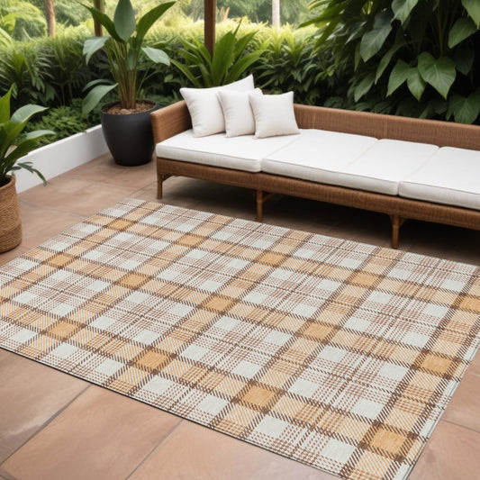 10' X 14' Peach And Beige Plaid Washable Indoor Outdoor Area Rug-0