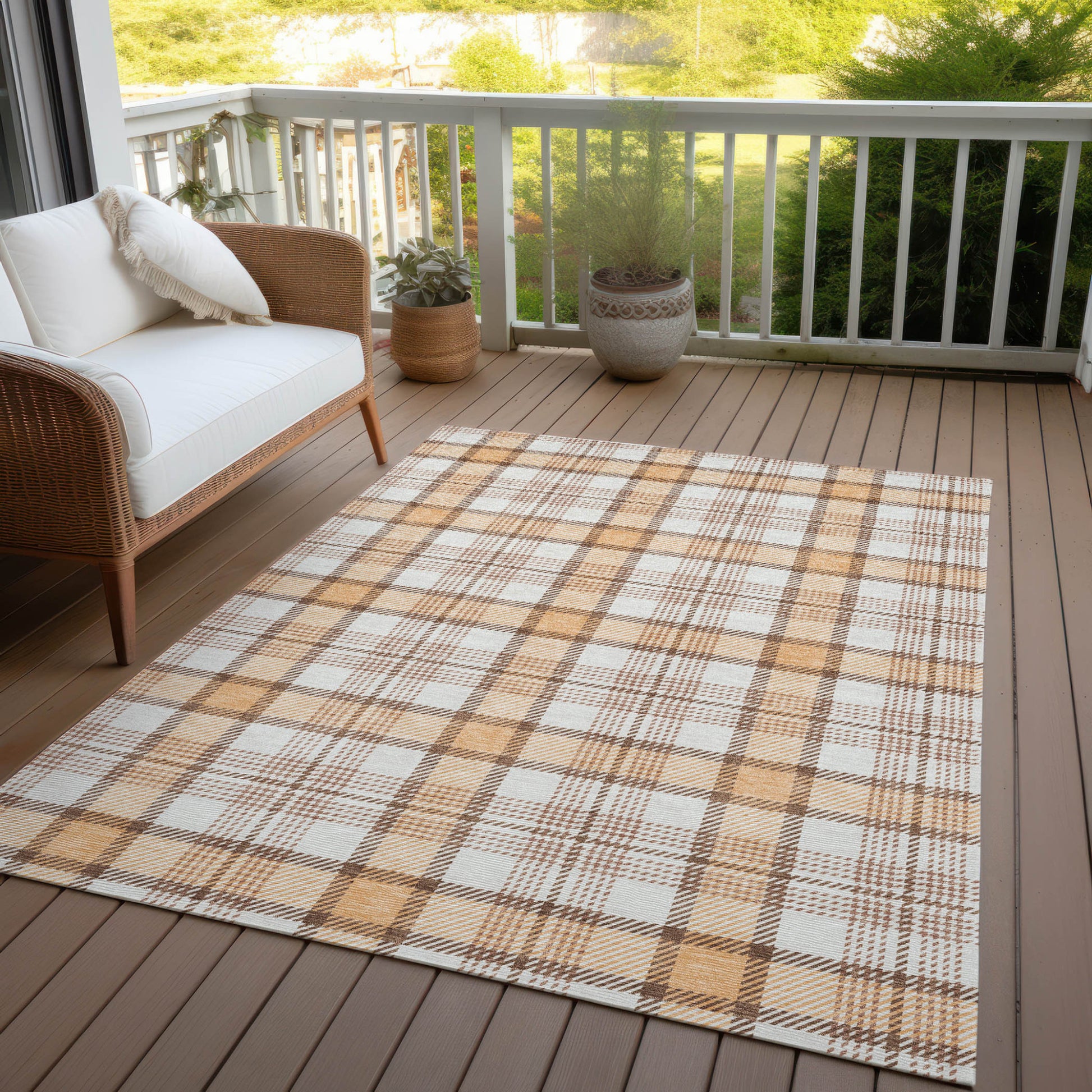 10' X 14' Peach And Beige Plaid Washable Indoor Outdoor Area Rug-5