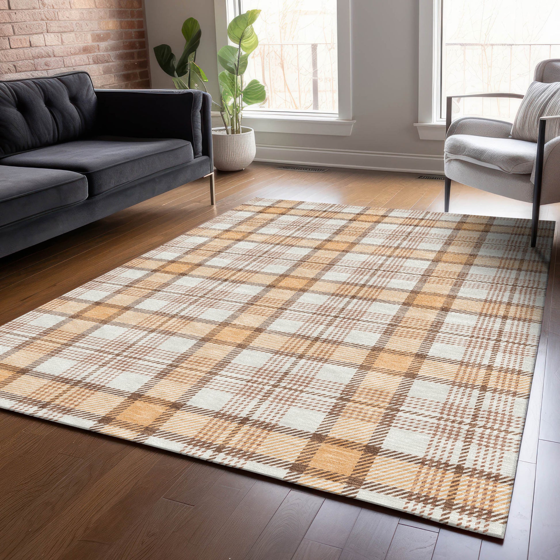 10' X 14' Peach And Beige Plaid Washable Indoor Outdoor Area Rug-6