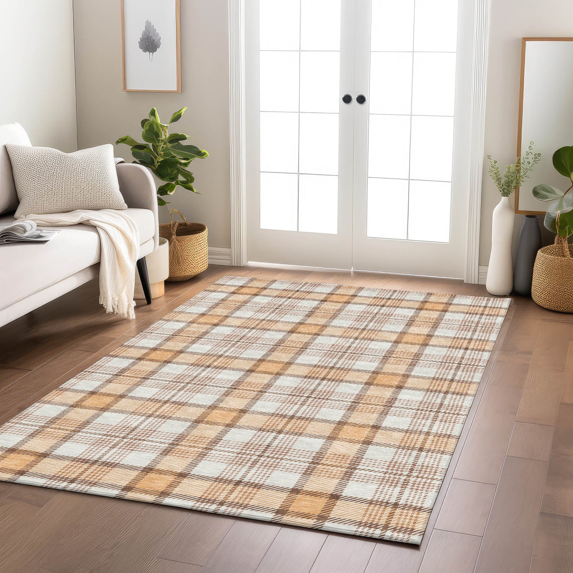 10' X 14' Peach And Beige Plaid Washable Indoor Outdoor Area Rug-7