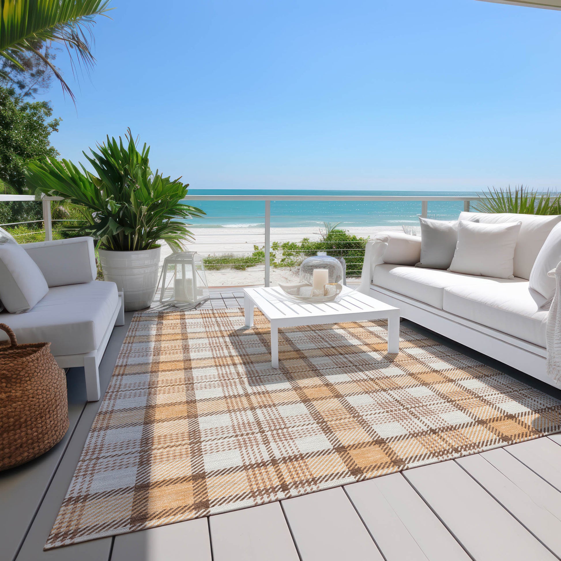 10' X 14' Peach And Beige Plaid Washable Indoor Outdoor Area Rug-8